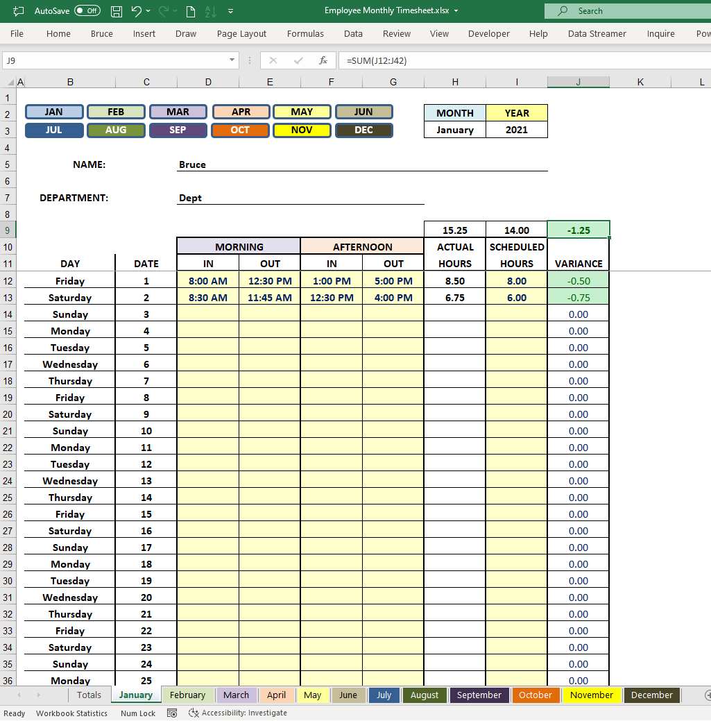 Employee Monthly Timesheet Template with Formulas Business Data